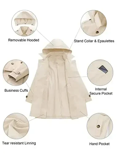 CREATMO US Women's Plus Size Trench Coat Double-Breasted Classic Lapel Overcoat Belted Outerwear Coat with Detachable Hood - 5