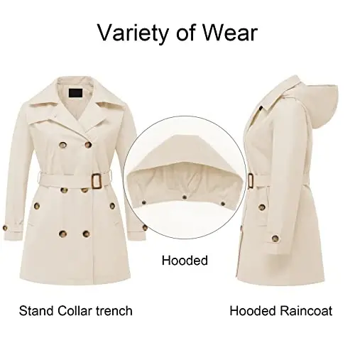 CREATMO US Women's Plus Size Trench Coat Double-Breasted Classic Lapel Overcoat Belted Outerwear Coat with Detachable Hood - 3