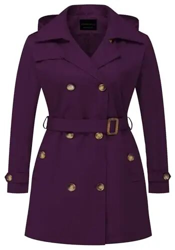 CREATMO US Women's Plus Size Trench Coat Double-Breasted Classic Lapel Overcoat Belted Outerwear Coat with Detachable Hood - CREATMO