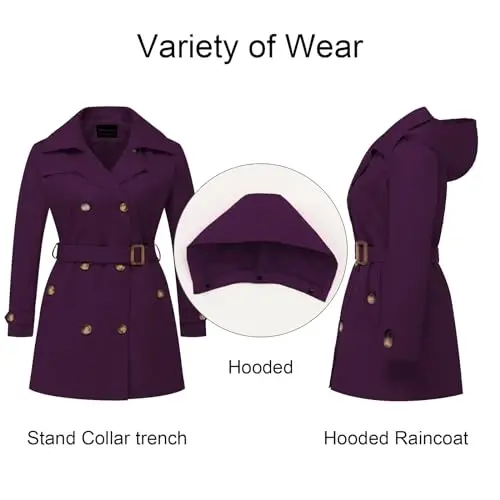 CREATMO US Women's Plus Size Trench Coat Double-Breasted Classic Lapel Overcoat Belted Outerwear Coat with Detachable Hood - 3