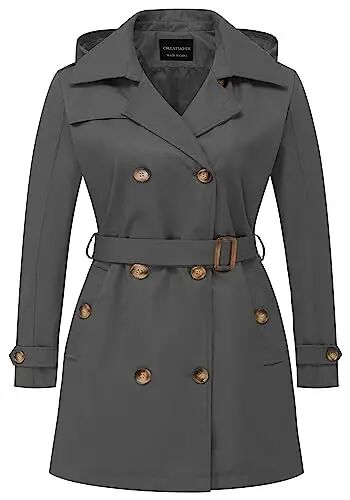 CREATMO US Women's Plus Size Trench Coat Double-Breasted Classic Lapel Overcoat Belted Outerwear Coat with Detachable Hood - 1