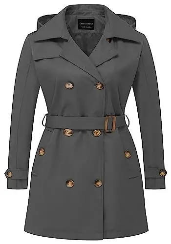 CREATMO US Women's Plus Size Trench Coat Double-Breasted Classic Lapel Overcoat Belted Outerwear Coat with Detachable Hood - 1