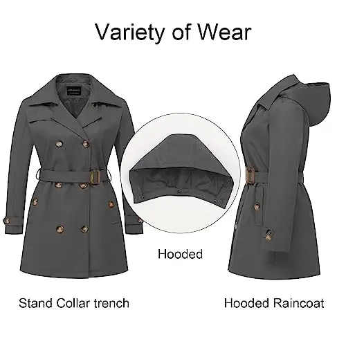 CREATMO US Women's Plus Size Trench Coat Double-Breasted Classic Lapel Overcoat Belted Outerwear Coat with Detachable Hood - 3