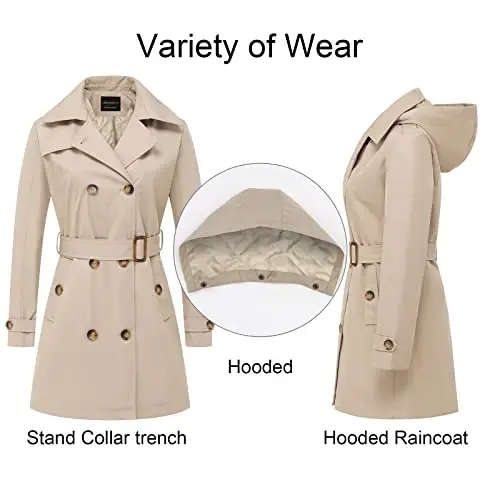 CREATMO US Women's Trench Coat Double-Breasted Classic Lapel Overcoat Belted Slim Outerwear Coat with Detachable Hood - 3