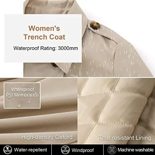 CREATMO US Women's Trench Coat Double-Breasted Classic Lapel Overcoat Belted Slim Outerwear Coat with Detachable Hood - 4
