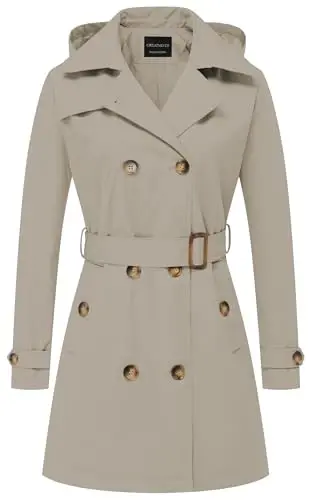 CREATMO US Women's Trench Coat Double-Breasted Classic Lapel Overcoat Belted Slim Outerwear Coat with Detachable Hood - 1