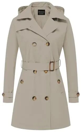 CREATMO US Women's Trench Coat Double-Breasted Classic Lapel Overcoat Belted Slim Outerwear Coat with Detachable Hood - CREATMO