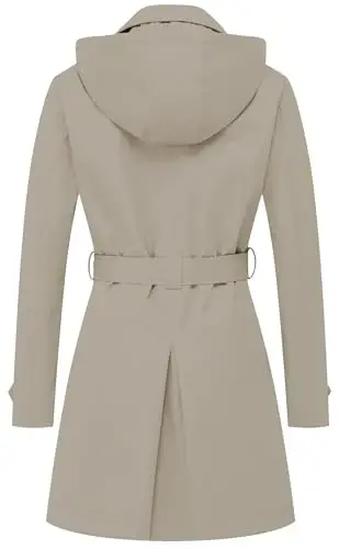 CREATMO US Women's Trench Coat Double-Breasted Classic Lapel Overcoat Belted Slim Outerwear Coat with Detachable Hood - 2