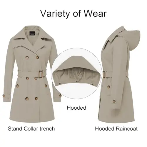 CREATMO US Women's Trench Coat Double-Breasted Classic Lapel Overcoat Belted Slim Outerwear Coat with Detachable Hood - 3