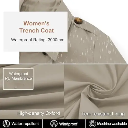 CREATMO US Women's Trench Coat Double-Breasted Classic Lapel Overcoat Belted Slim Outerwear Coat with Detachable Hood - 4