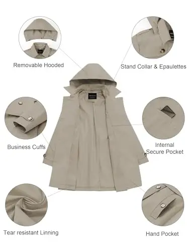CREATMO US Women's Trench Coat Double-Breasted Classic Lapel Overcoat Belted Slim Outerwear Coat with Detachable Hood - 5