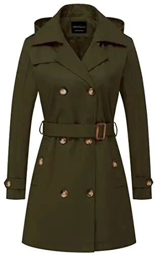 CREATMO US Women's Trench Coat Double-Breasted Classic Lapel Overcoat Belted Slim Outerwear Coat with Detachable Hood - CREATMO