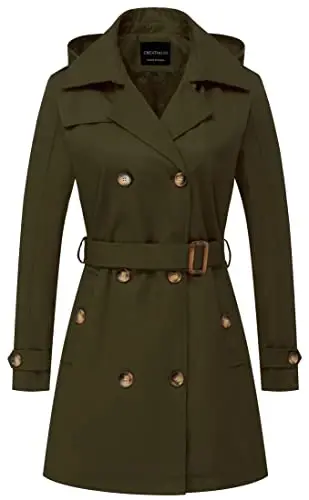 CREATMO US Women's Trench Coat Double-Breasted Classic Lapel Overcoat Belted Slim Outerwear Coat with Detachable Hood - 1