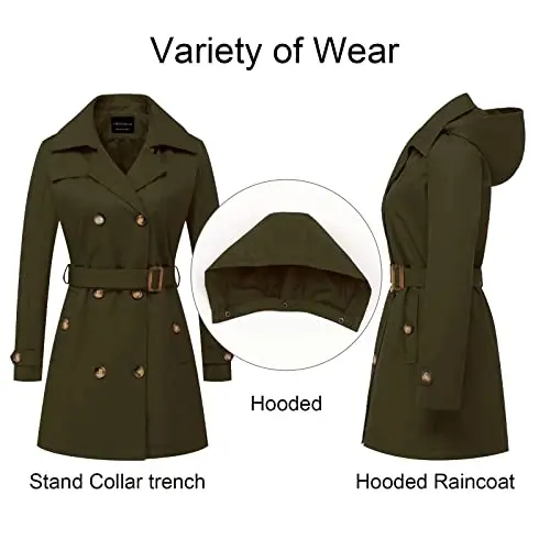 CREATMO US Women's Trench Coat Double-Breasted Classic Lapel Overcoat Belted Slim Outerwear Coat with Detachable Hood - 3