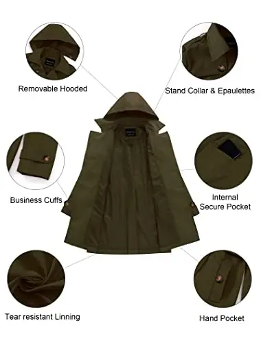 CREATMO US Women's Trench Coat Double-Breasted Classic Lapel Overcoat Belted Slim Outerwear Coat with Detachable Hood - 5