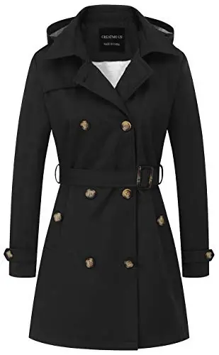 CREATMO US Women's Trench Coat Double-Breasted Classic Lapel Overcoat Belted Slim Outerwear Coat with Detachable Hood - 1