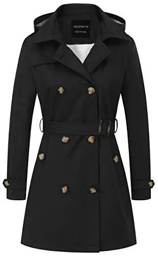 CREATMO US Women's Trench Coat Double-Breasted Classic Lapel Overcoat Belted Slim Outerwear Coat with Detachable Hood - CREATMO