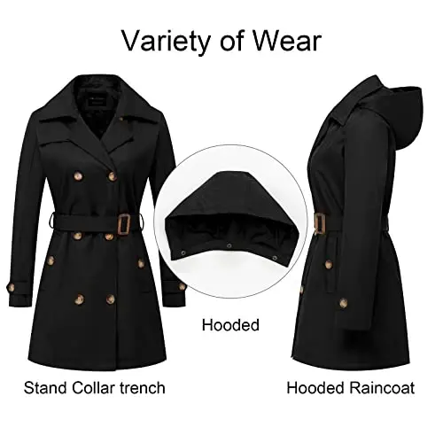 CREATMO US Women's Trench Coat Double-Breasted Classic Lapel Overcoat Belted Slim Outerwear Coat with Detachable Hood - 3