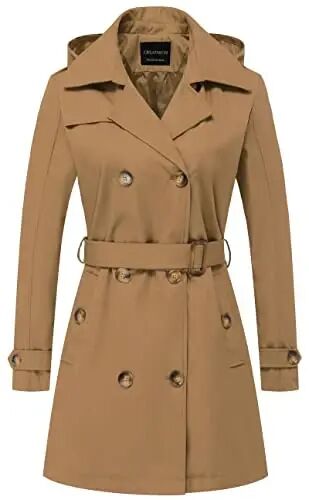 CREATMO US Women's Trench Coat Double-Breasted Classic Lapel Overcoat Belted Slim Outerwear Coat with Detachable Hood - CREATMO