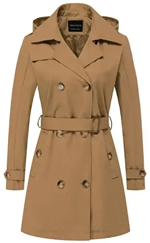 CREATMO US Women's Trench Coat Double-Breasted Classic Lapel Overcoat Belted Slim Outerwear Coat with Detachable Hood - 1