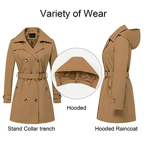 CREATMO US Women's Trench Coat Double-Breasted Classic Lapel Overcoat Belted Slim Outerwear Coat with Detachable Hood - 3