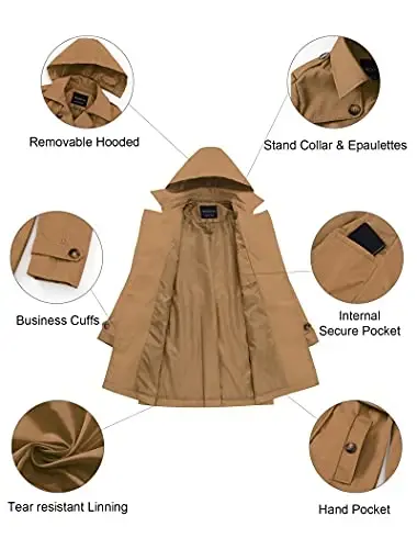 CREATMO US Women's Trench Coat Double-Breasted Classic Lapel Overcoat Belted Slim Outerwear Coat with Detachable Hood - 5