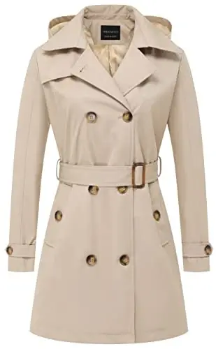 CREATMO US Women's Trench Coat Double-Breasted Classic Lapel Overcoat Belted Slim Outerwear Coat with Detachable Hood - 1