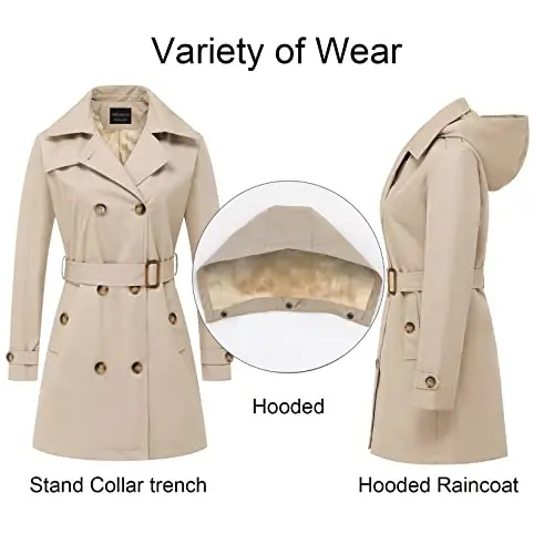 CREATMO US Women's Trench Coat Double-Breasted Classic Lapel Overcoat Belted Slim Outerwear Coat with Detachable Hood - 3