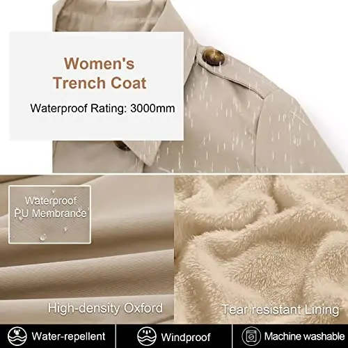 CREATMO US Women's Trench Coat Double-Breasted Classic Lapel Overcoat Belted Slim Outerwear Coat with Detachable Hood - 4