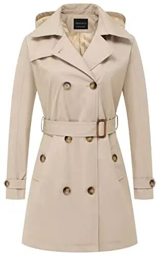 CREATMO US Women's Trench Coat Double-Breasted Classic Lapel Overcoat Belted Slim Outerwear Coat with Detachable Hood - CREATMO