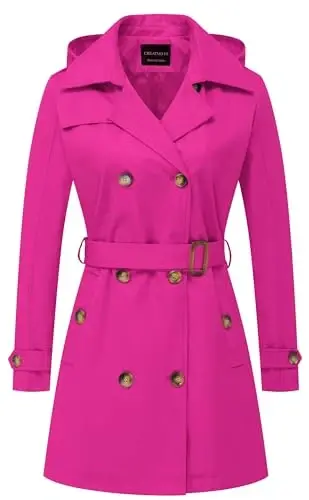 CREATMO US Women's Trench Coat Double-Breasted Classic Lapel Overcoat Belted Slim Outerwear Coat with Detachable Hood - 1