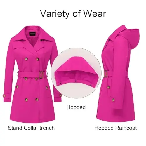 CREATMO US Women's Trench Coat Double-Breasted Classic Lapel Overcoat Belted Slim Outerwear Coat with Detachable Hood - 3