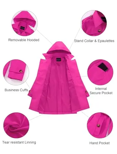 CREATMO US Women's Trench Coat Double-Breasted Classic Lapel Overcoat Belted Slim Outerwear Coat with Detachable Hood - 5