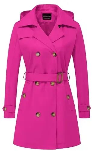 CREATMO US Women's Trench Coat Double-Breasted Classic Lapel Overcoat Belted Slim Outerwear Coat with Detachable Hood - CREATMO