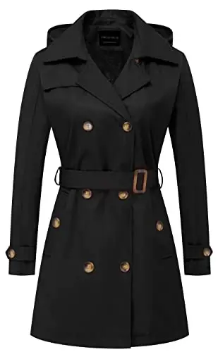 CREATMO US Women's Trench Coat Double-Breasted Classic Lapel Overcoat Belted Slim Outerwear Coat with Detachable Hood - 1