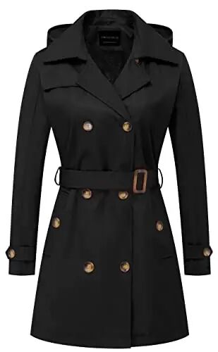 CREATMO US Women's Trench Coat Double-Breasted Classic Lapel Overcoat Belted Slim Outerwear Coat with Detachable Hood - CREATMO