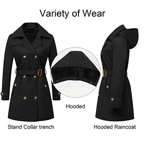CREATMO US Women's Trench Coat Double-Breasted Classic Lapel Overcoat Belted Slim Outerwear Coat with Detachable Hood - 3