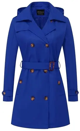 CREATMO US Women's Trench Coat Double-Breasted Classic Lapel Overcoat Belted Slim Outerwear Coat with Detachable Hood - 1
