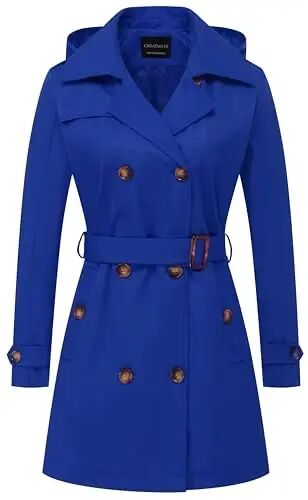 CREATMO US Women's Trench Coat Double-Breasted Classic Lapel Overcoat Belted Slim Outerwear Coat with Detachable Hood - CREATMO
