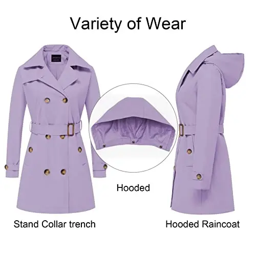 CREATMO US Women's Trench Coat Double-Breasted Classic Lapel Overcoat Belted Slim Outerwear Coat with Detachable Hood - 3