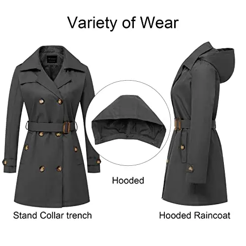 CREATMO US Women's Trench Coat Double-Breasted Classic Lapel Overcoat Belted Slim Outerwear Coat with Detachable Hood - 3