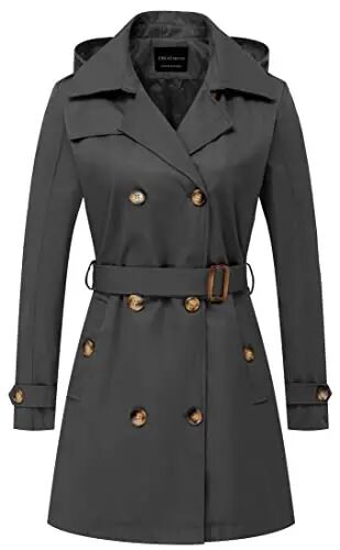 CREATMO US Women's Trench Coat Double-Breasted Classic Lapel Overcoat Belted Slim Outerwear Coat with Detachable Hood - CREATMO
