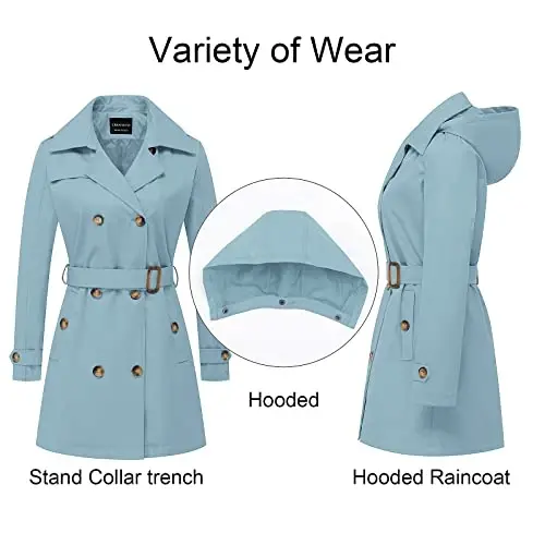CREATMO US Women's Trench Coat Double-Breasted Classic Lapel Overcoat Belted Slim Outerwear Coat with Detachable Hood - 3