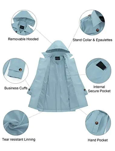 CREATMO US Women's Trench Coat Double-Breasted Classic Lapel Overcoat Belted Slim Outerwear Coat with Detachable Hood - 5
