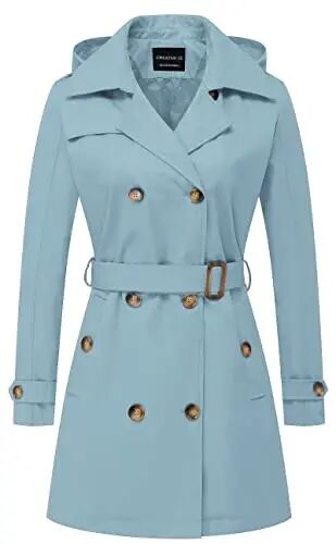 CREATMO US Women's Trench Coat Double-Breasted Classic Lapel Overcoat Belted Slim Outerwear Coat with Detachable Hood - CREATMO