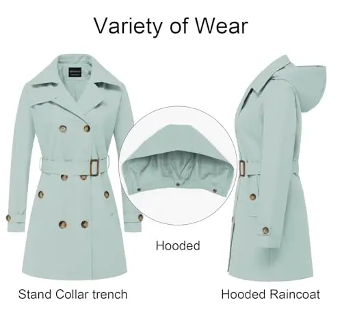 CREATMO US Women's Trench Coat Double-Breasted Classic Lapel Overcoat Belted Slim Outerwear Coat with Detachable Hood - 3