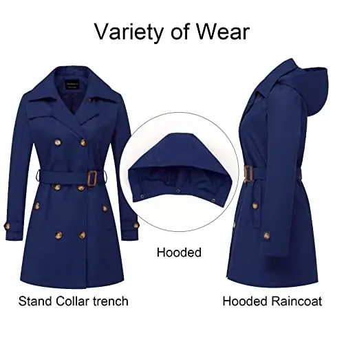 CREATMO US Women's Trench Coat Double-Breasted Classic Lapel Overcoat Belted Slim Outerwear Coat with Detachable Hood - 3