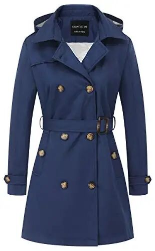 CREATMO US Women's Trench Coat Double-Breasted Classic Lapel Overcoat Belted Slim Outerwear Coat with Detachable Hood - CREATMO