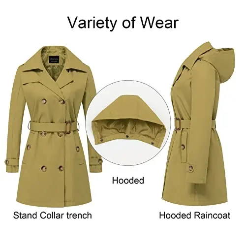 CREATMO US Women's Trench Coat Double-Breasted Classic Lapel Overcoat Belted Slim Outerwear Coat with Detachable Hood - 3