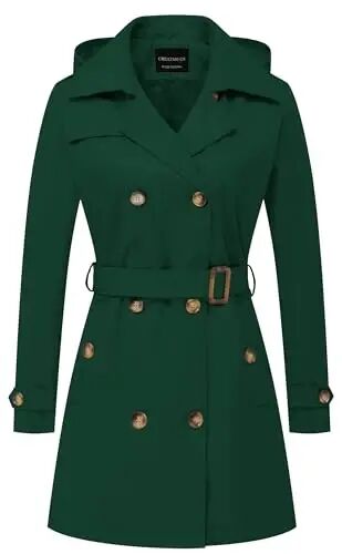 CREATMO US Women's Trench Coat Double-Breasted Classic Lapel Overcoat Belted Slim Outerwear Coat with Detachable Hood - CREATMO